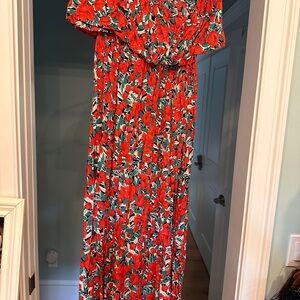 Off the Shoulder Floral Red and Green Maxi Dress